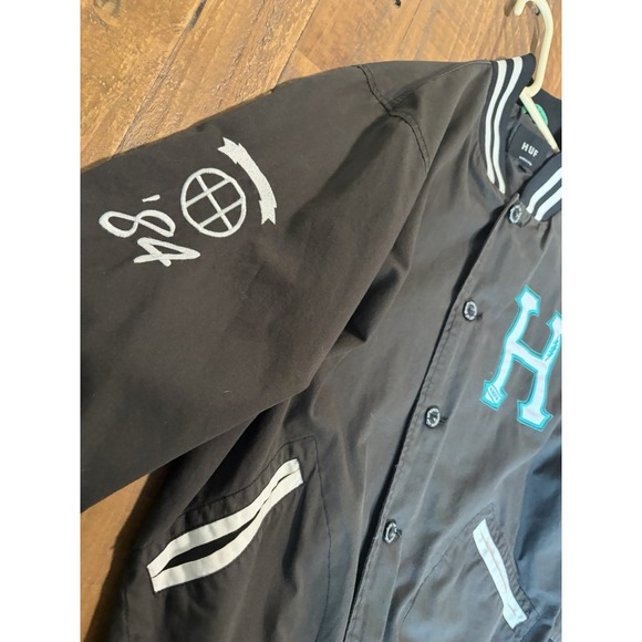 Huf Bomber Jacket Mens Large Black White Skater Full Button "HUF dirtbags" - Picture 3 of 12